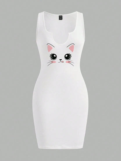 Slaydiva Casual Cute Pink Kitty Print Sleeveless V-Neck Bodycon Dress For Women, Summer Suitable For Going Out Chic Dress