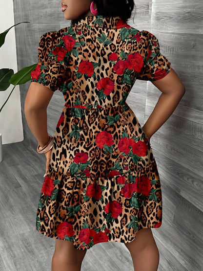 Slaydiva Casual Minimalist Red Floral Pattern Mini Dress For Women, Suitable Summer Leopard Print Rose Plus Size Chic