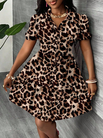 Slaydiva Casual Minimalist Style Leopard Print All-Over Pattern Mini Dress For Women, Suitable Summer Animal Cheetah Chic