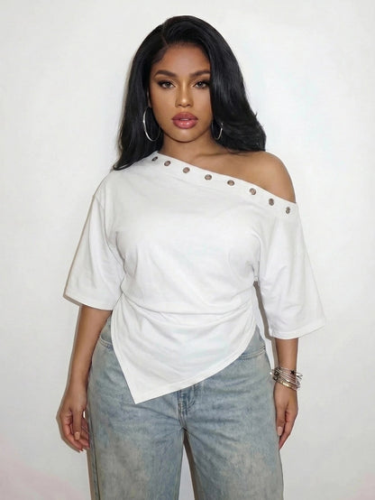 Slaydiva Casual Plus Size Women's White T-Shirt, Suitable For Spring/Summer, Music Festivals, Parties