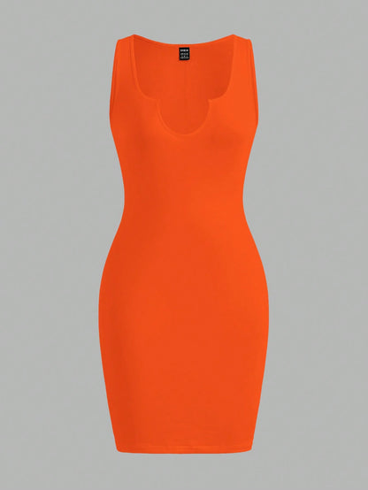 Slaydiva Casual Simple Orange Sleeveless Thick Strap V-Neck Fitted Mini Dress For Women, Suitable Summer,Summer Dresses Chic