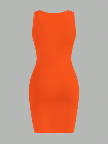 Slaydiva Casual Simple Orange Sleeveless Thick Strap V-Neck Fitted Mini Dress For Women, Suitable Summer,Summer Dresses Chic