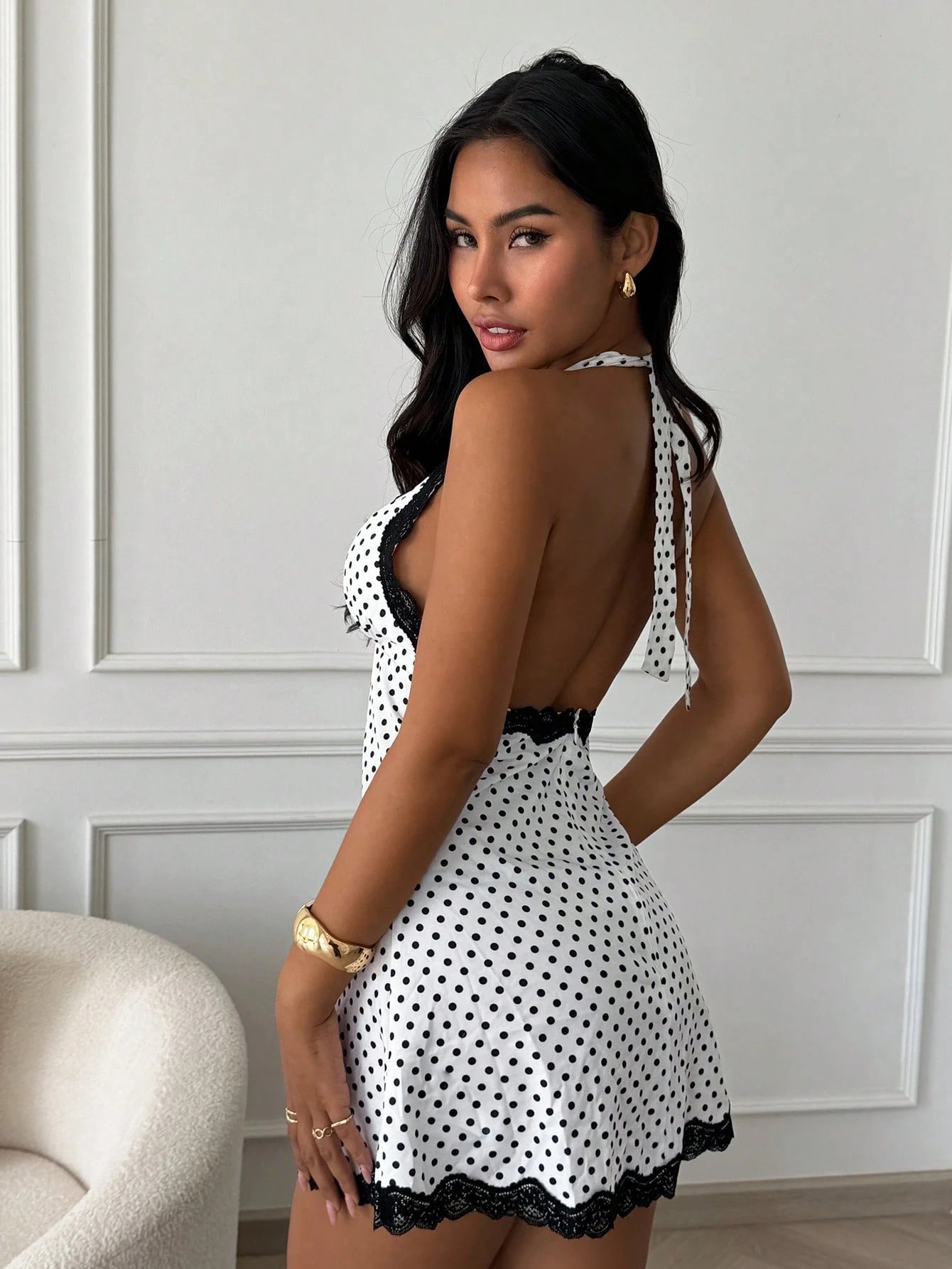 Slaydiva Elegant 90s French Style Sexy Lace Patchwork Halter Neck A-Line Waist Dress White Black Polka Dots Short For Women Summer Night Out Party