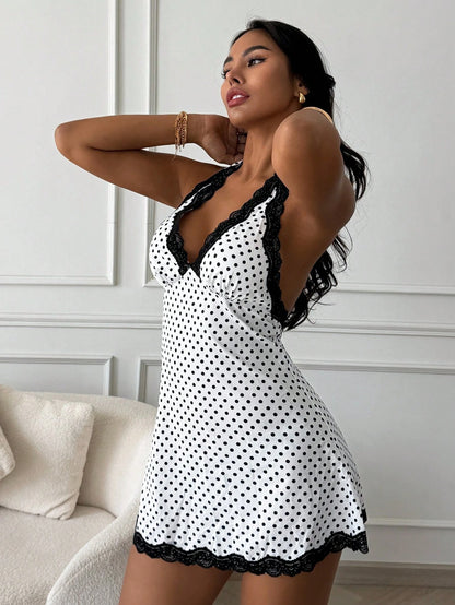 Slaydiva Elegant 90s French Style Sexy Lace Patchwork Halter Neck A-Line Waist Dress White Black Polka Dots Short For Women Summer Night Out Party