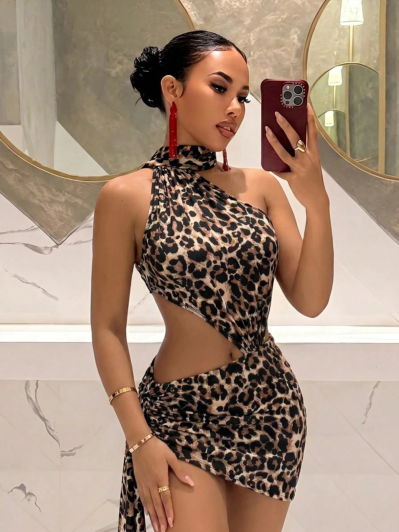 Slaydiva Leopard Print Halter Hollow‑Out Waist Two Piece Set Women Ruched Mini Skirt Spicy Girl Club Outfit Halloween Wild Style Party Christmas Night Club