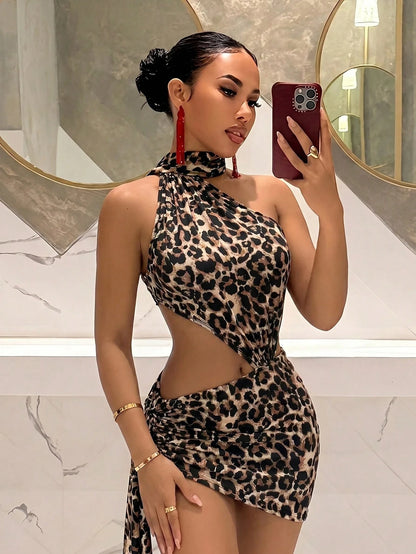 Slaydiva Leopard Print Halter Hollow‑Out Waist Two Piece Set Women Ruched Mini Skirt Spicy Girl Club Outfit Halloween Wild Style Party Christmas Night Club