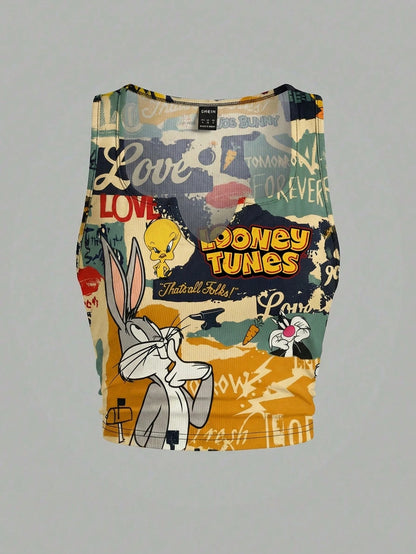 Slaydiva LOONEY TUNES X 2026 Plus Size Women's Casual Street Vintage Cartoon Pattern U-Neck Ribbed Tank Top, Summer