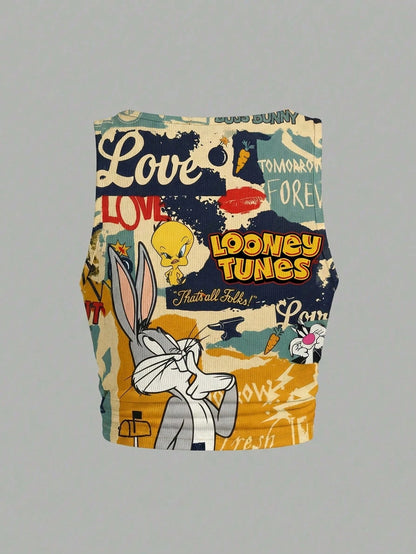 Slaydiva LOONEY TUNES X 2026 Plus Size Women's Casual Street Vintage Cartoon Pattern U-Neck Ribbed Tank Top, Summer