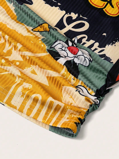 Slaydiva LOONEY TUNES X 2026 Plus Size Women's Casual Street Vintage Cartoon Pattern U-Neck Ribbed Tank Top, Summer