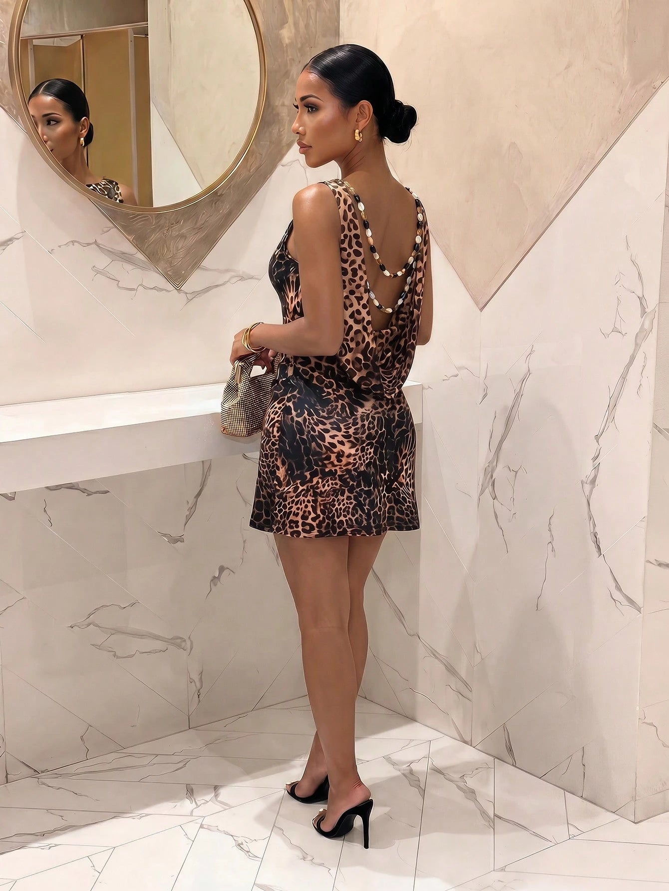 Slaydiva New Boat Neck Birthday Party Vacation Beach Wedding Backless Pleated Waist Exposed Back Pearl Chain Decor A-Line Glitter Chiffon Mini Dress For Women,Dresses For Women Summer