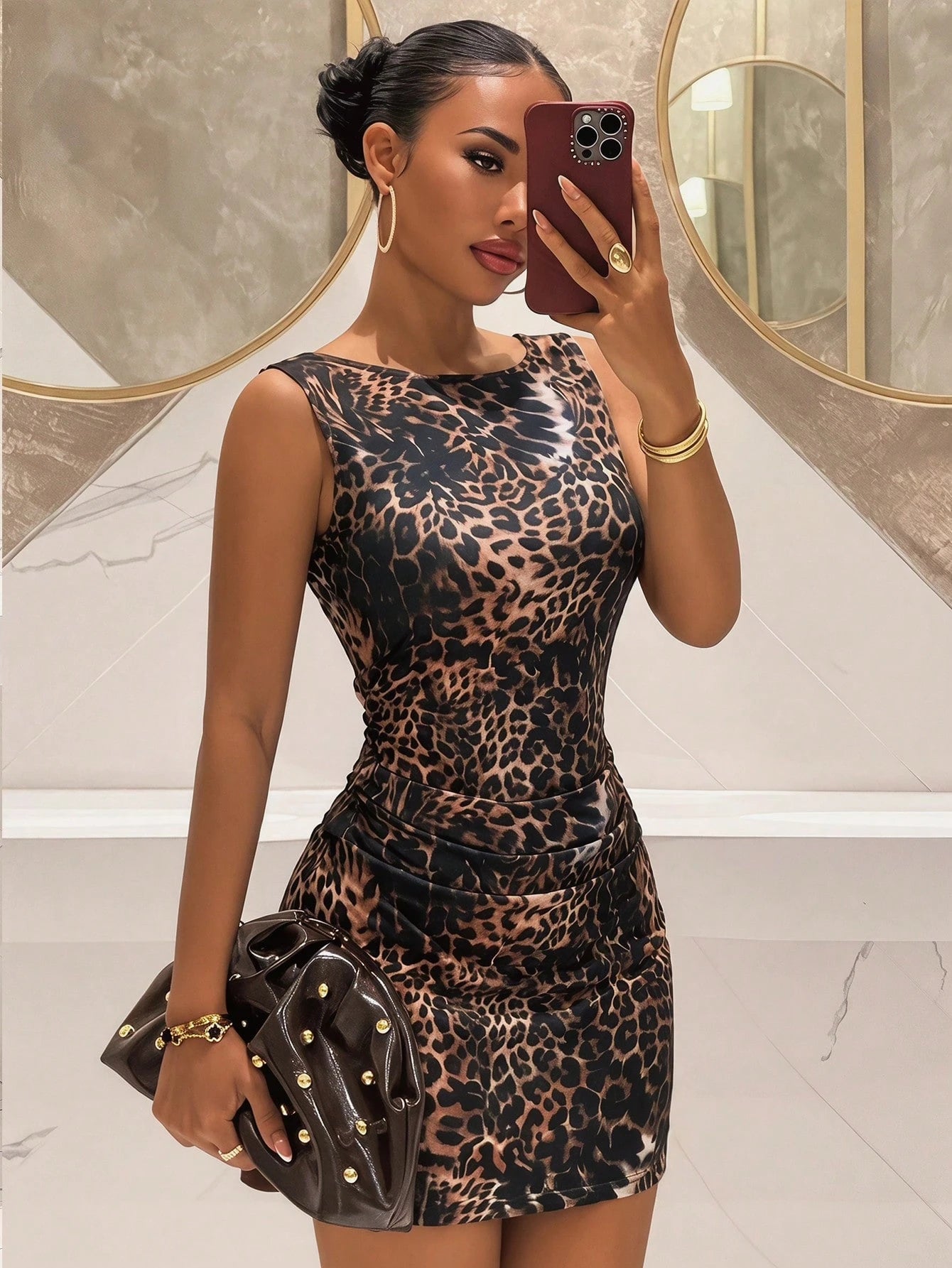 Slaydiva New Boat Neck Birthday Party Vacation Beach Wedding Backless Pleated Waist Exposed Back Pearl Chain Decor A-Line Glitter Chiffon Mini Dress For Women,Dresses For Women Summer