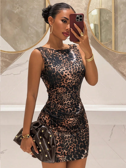 Slaydiva New Boat Neck Birthday Party Vacation Beach Wedding Backless Pleated Waist Exposed Back Pearl Chain Decor A-Line Glitter Chiffon Mini Dress For Women,Dresses For Women Summer