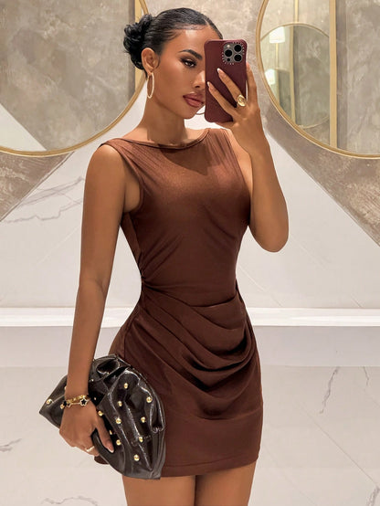 Slaydiva New Boat Neck Birthday Party Vacation Beach Wedding Backless Pleated Waist Exposed Back Pearl Chain Decor A-Line Glitter Chiffon Mini Dress For Women,Dresses For Women Summer
