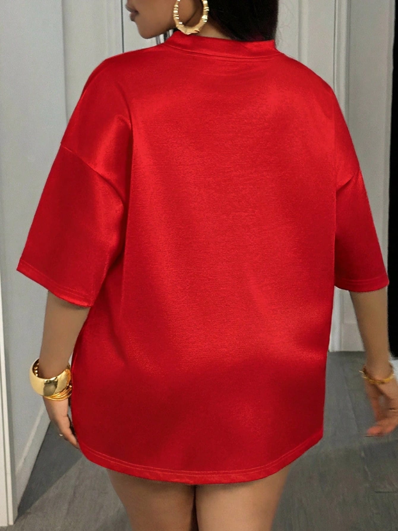 Slaydiva New Summer Casual Street Lace Patchwork V-Neck Drop Shoulder 3/4 Sleeve Letter Embroidery+Rhinestone Embellished Plus Size T-Shirt, Music Festival Tee