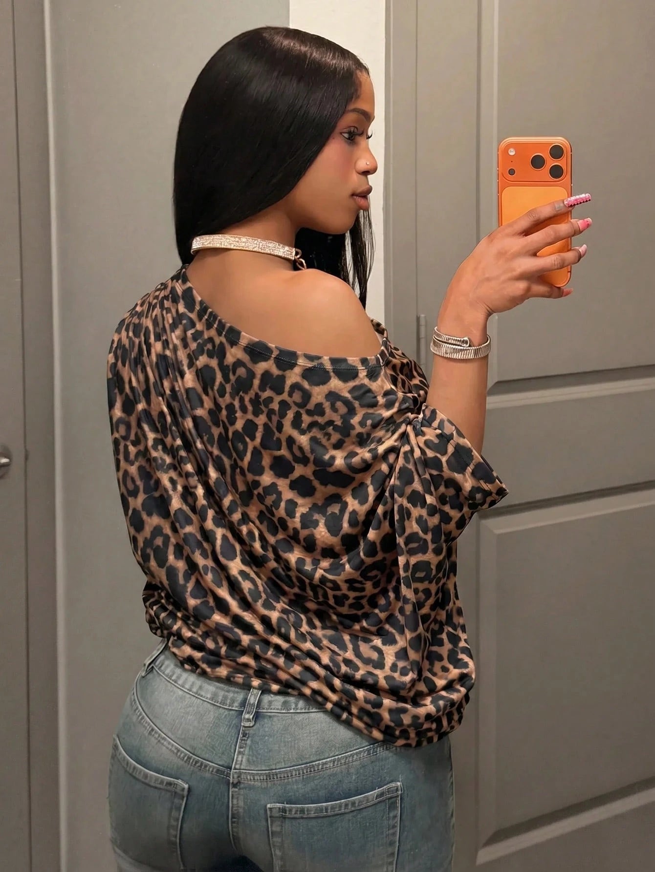 Slaydiva New Summer/Fall Women's Plus Size One Shoulder Top With Ruched Detail Short Sleeve/Y2K/Sexy/Club/Holiday/Streetwear/Sexy/Going Out/Rave/Leopard Print