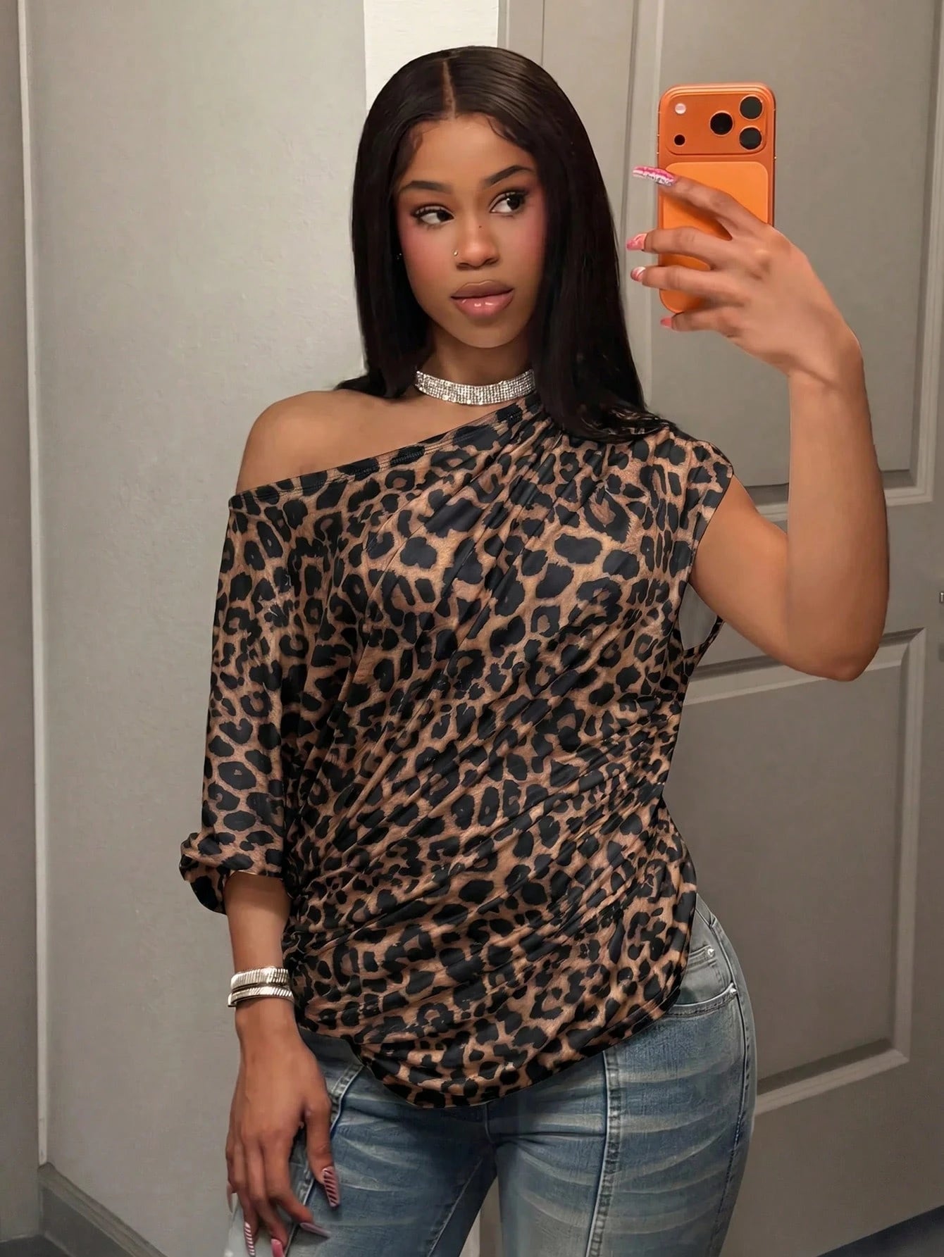 Slaydiva New Summer/Fall Women's Plus Size One Shoulder Top With Ruched Detail Short Sleeve/Y2K/Sexy/Club/Holiday/Streetwear/Sexy/Going Out/Rave/Leopard Print