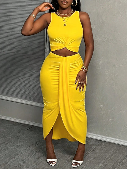 Slaydiva New Waist Cutout Twist Knot Dress, Slim Fit Casual Vacation