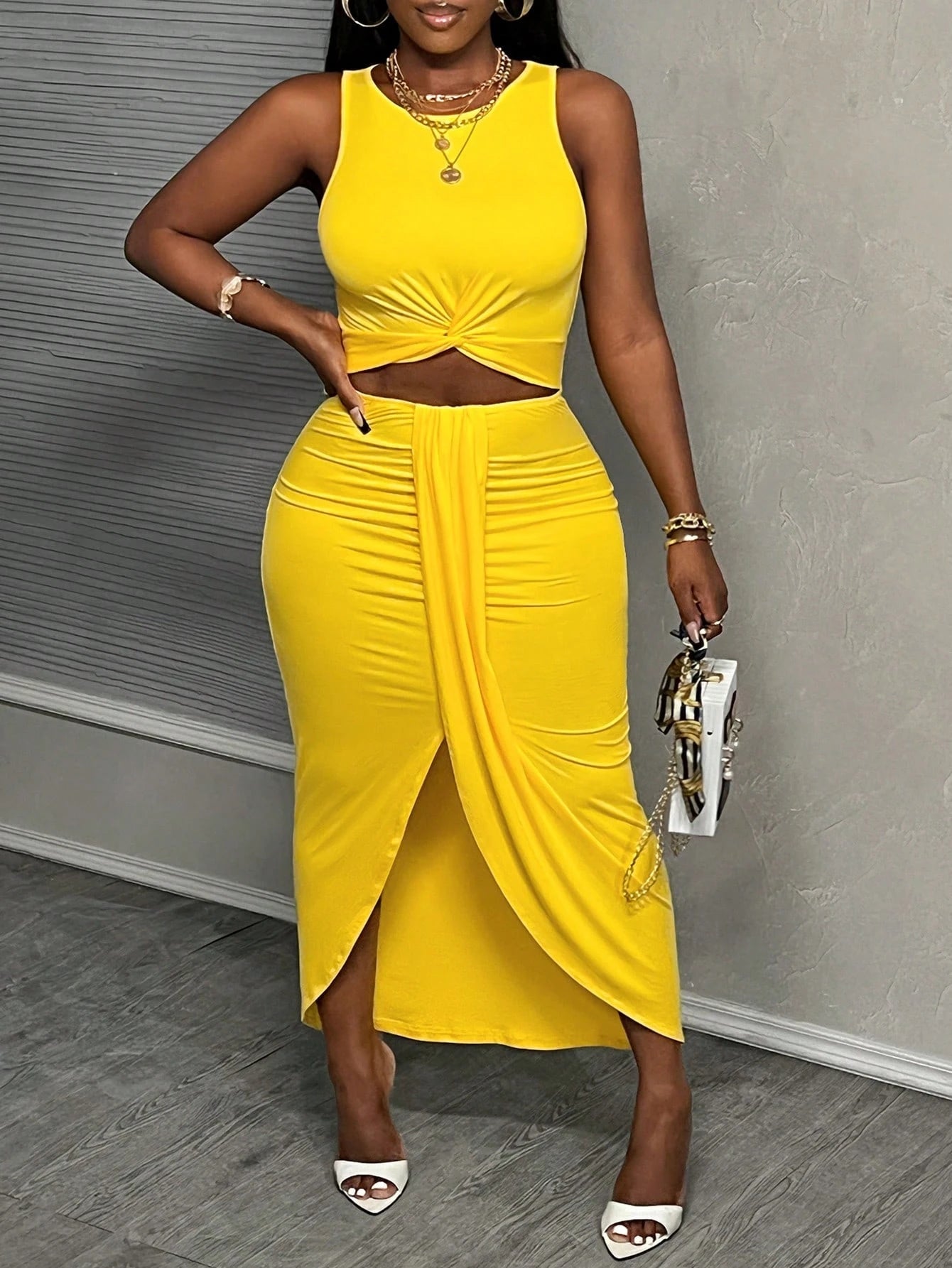 Slaydiva New Waist Cutout Twist Knot Dress, Slim Fit Casual Vacation