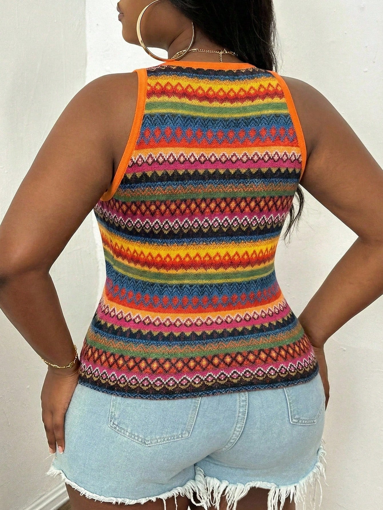 Slaydiva Plus Size Casual Boho Basic Fitted Orange Round Neck Off-Shoulder Tank Top Vacation Summer