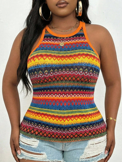 Slaydiva Plus Size Casual Boho Basic Fitted Orange Round Neck Off-Shoulder Tank Top Vacation Summer