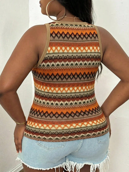 Slaydiva Plus Size Casual Boho Basic Fitted Orange Round Neck Off-Shoulder Tank Top Vacation Summer