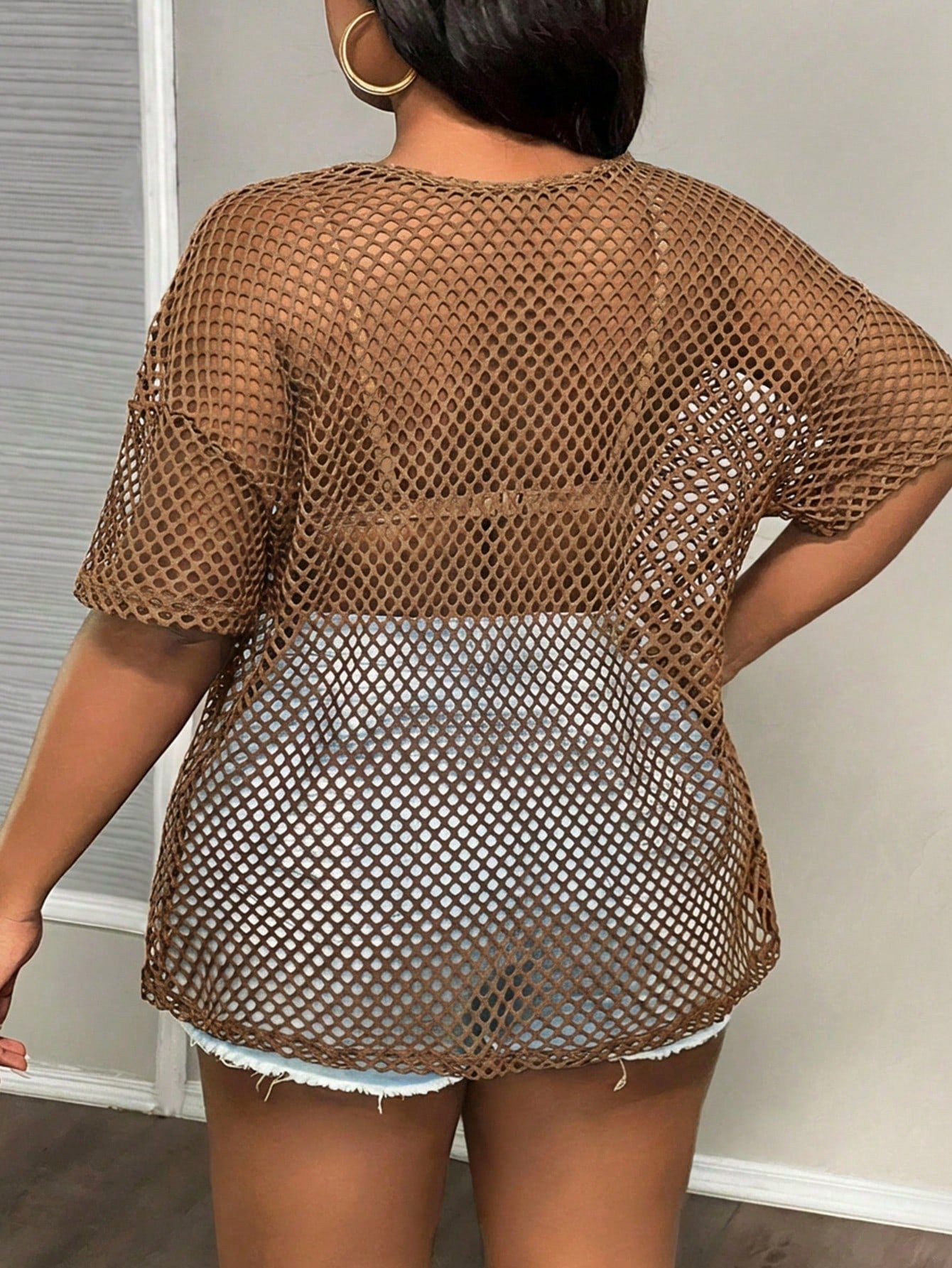 Slaydiva Plus Size Chocolate Brown Summer Kawaii Night Out Club Sheer Loose T-Shirt,Women's Casual Round Neck Half Sleeve Tops,Y2k Fitted Blouse Workout Tops