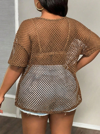Slaydiva Plus Size Chocolate Brown Summer Kawaii Night Out Club Sheer Loose T-Shirt,Women's Casual Round Neck Half Sleeve Tops,Y2k Fitted Blouse Workout Tops