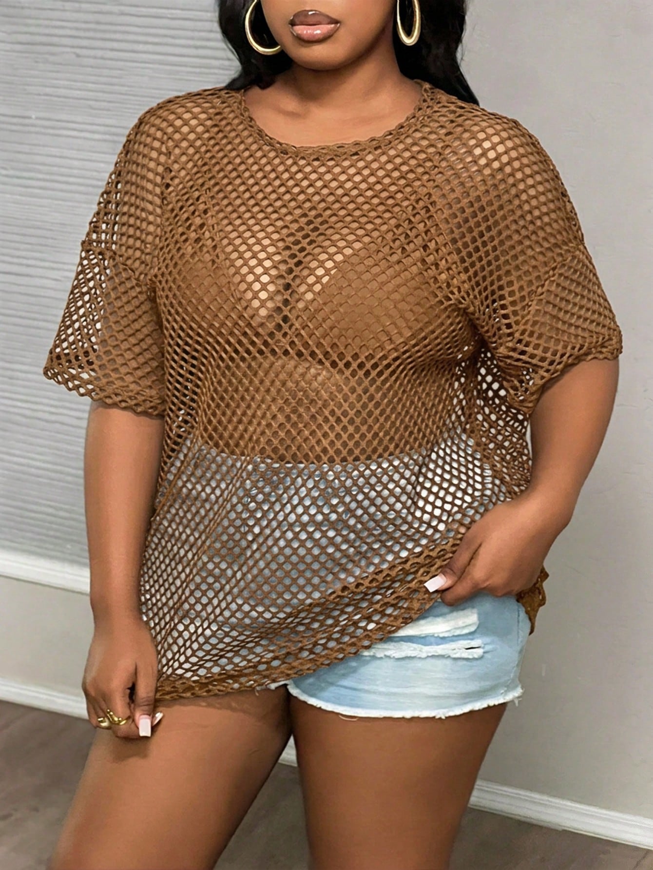 Slaydiva Plus Size Chocolate Brown Summer Kawaii Night Out Club Sheer Loose T-Shirt,Women's Casual Round Neck Half Sleeve Tops,Y2k Fitted Blouse Workout Tops