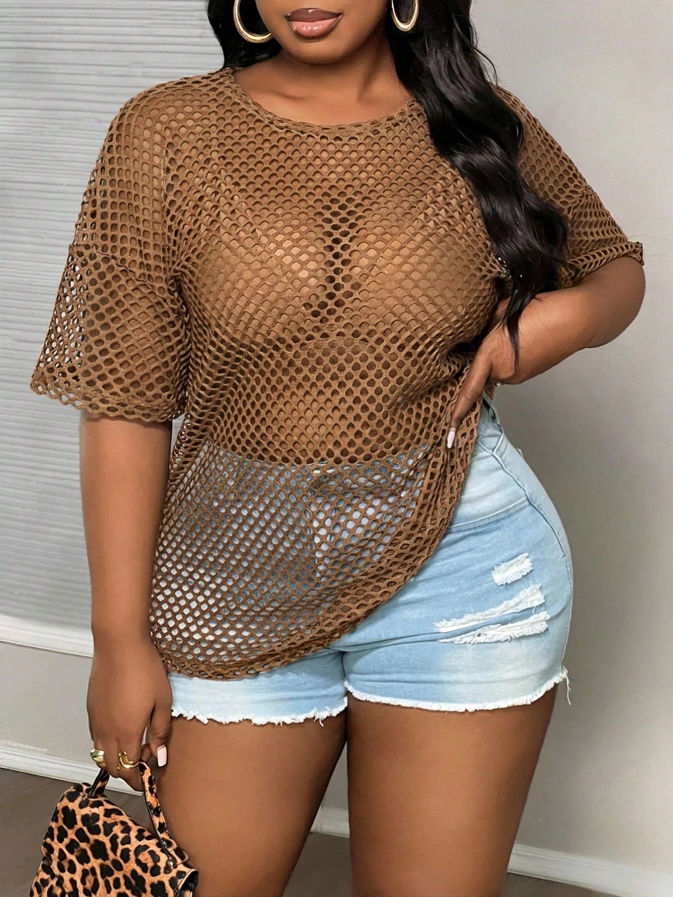 Slaydiva Plus Size Chocolate Brown Summer Kawaii Night Out Club Sheer Loose T-Shirt,Women's Casual Round Neck Half Sleeve Tops,Y2k Fitted Blouse Workout Tops