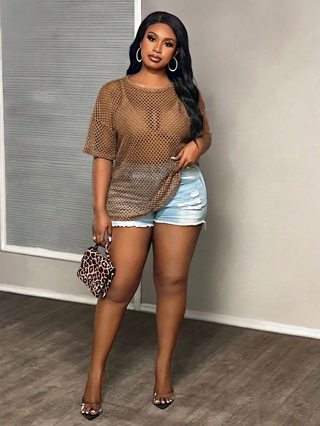 Slaydiva Plus Size Chocolate Brown Summer Kawaii Night Out Club Sheer Loose T-Shirt,Women's Casual Round Neck Half Sleeve Tops,Y2k Fitted Blouse Workout Tops