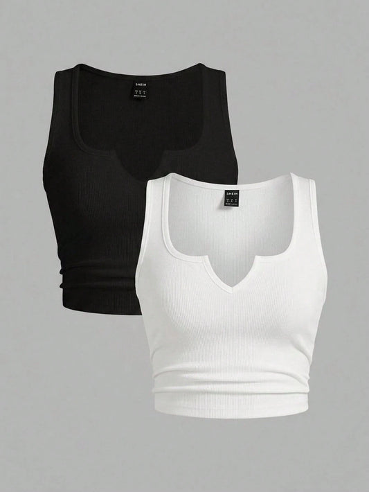 Slaydiva Plus Size Solid Color Sleeveless Cutout Neck Casual Comfortable Summer Versatile Tank Top 2 Pieces Set Formal Black White Formal