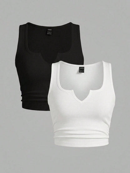 Slaydiva Plus Size Solid Color Sleeveless Cutout Neck Casual Comfortable Summer Versatile Tank Top 2 Pieces Set Formal Black White Formal