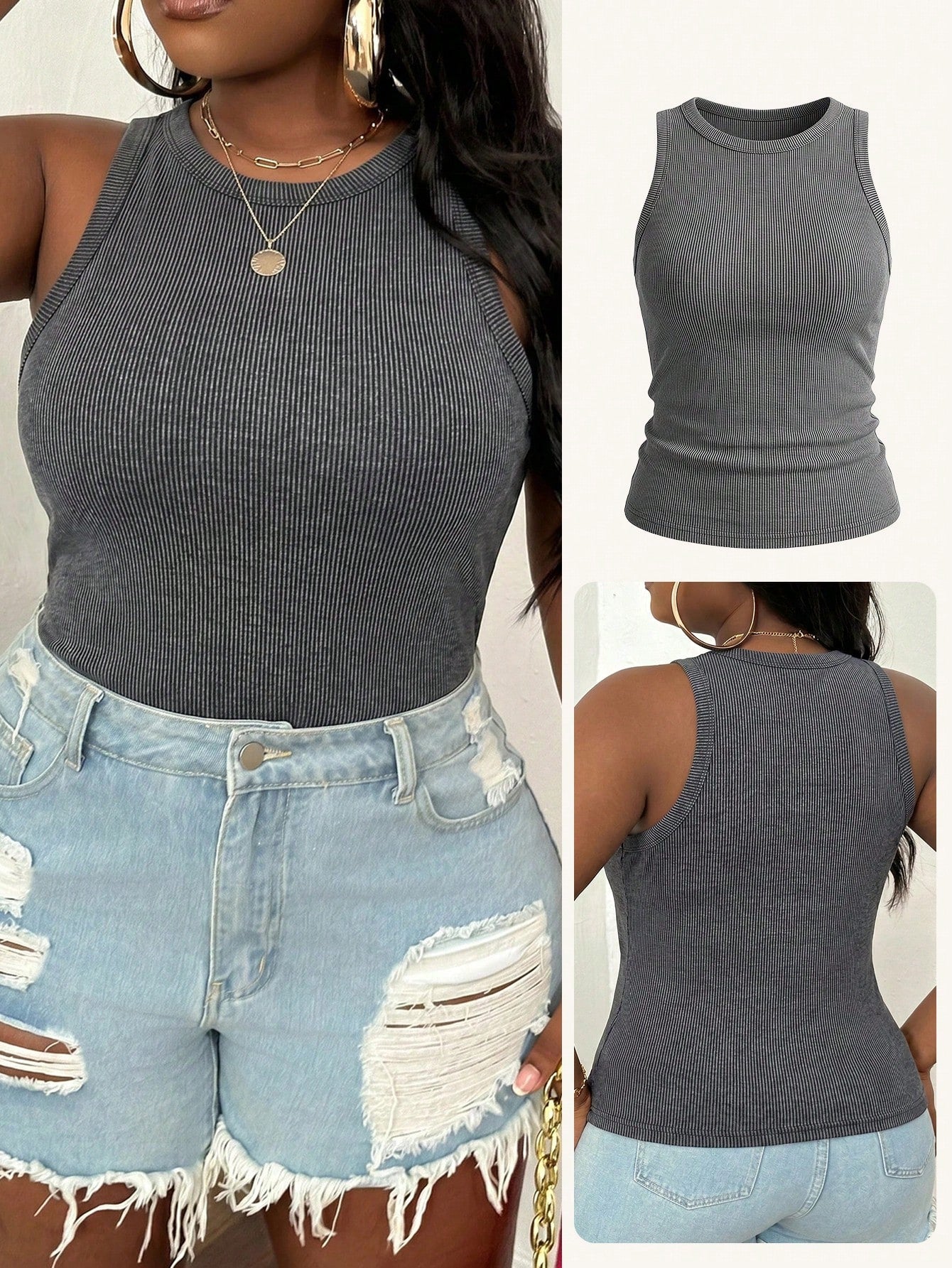 Slaydiva Plus Size Women Grey Round Neck Casual Versatile Tank Top Formal Holiday Summer