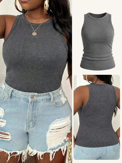 Slaydiva Plus Size Women Grey Round Neck Casual Versatile Tank Top Formal Holiday Summer