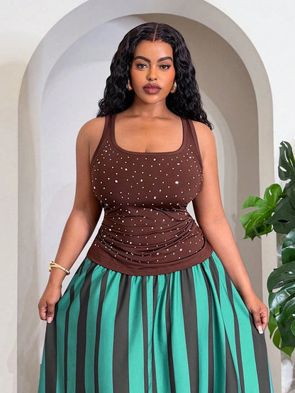 Slaydiva Plus Size Women Rhinestone Pleated Casual Sexy Versatile Daily Wear T-Shirt Nightclub Brown Sequin Sequin Summer