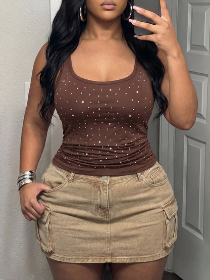 Slaydiva Plus Size Women Rhinestone Pleated Casual Sexy Versatile Daily Wear T-Shirt Nightclub Brown Sequin Sequin Summer
