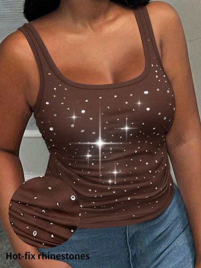 Slaydiva Plus Size Women Rhinestone Pleated Casual Sexy Versatile Daily Wear T-Shirt Nightclub Brown Sequin Sequin Summer