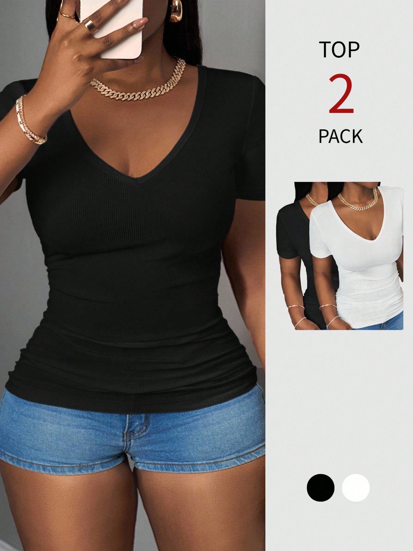 Slaydiva Plus Size Women's V-Neck Short Sleeve Multi-Pack T-Shirts 2pcs Concert Lounge Date Night Brunch Club Office Formal Business Casual Black White Summer