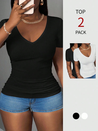 Slaydiva Plus Size Women's V-Neck Short Sleeve Multi-Pack T-Shirts 2pcs Concert Lounge Date Night Brunch Club Office Formal Business Casual Black White Summer