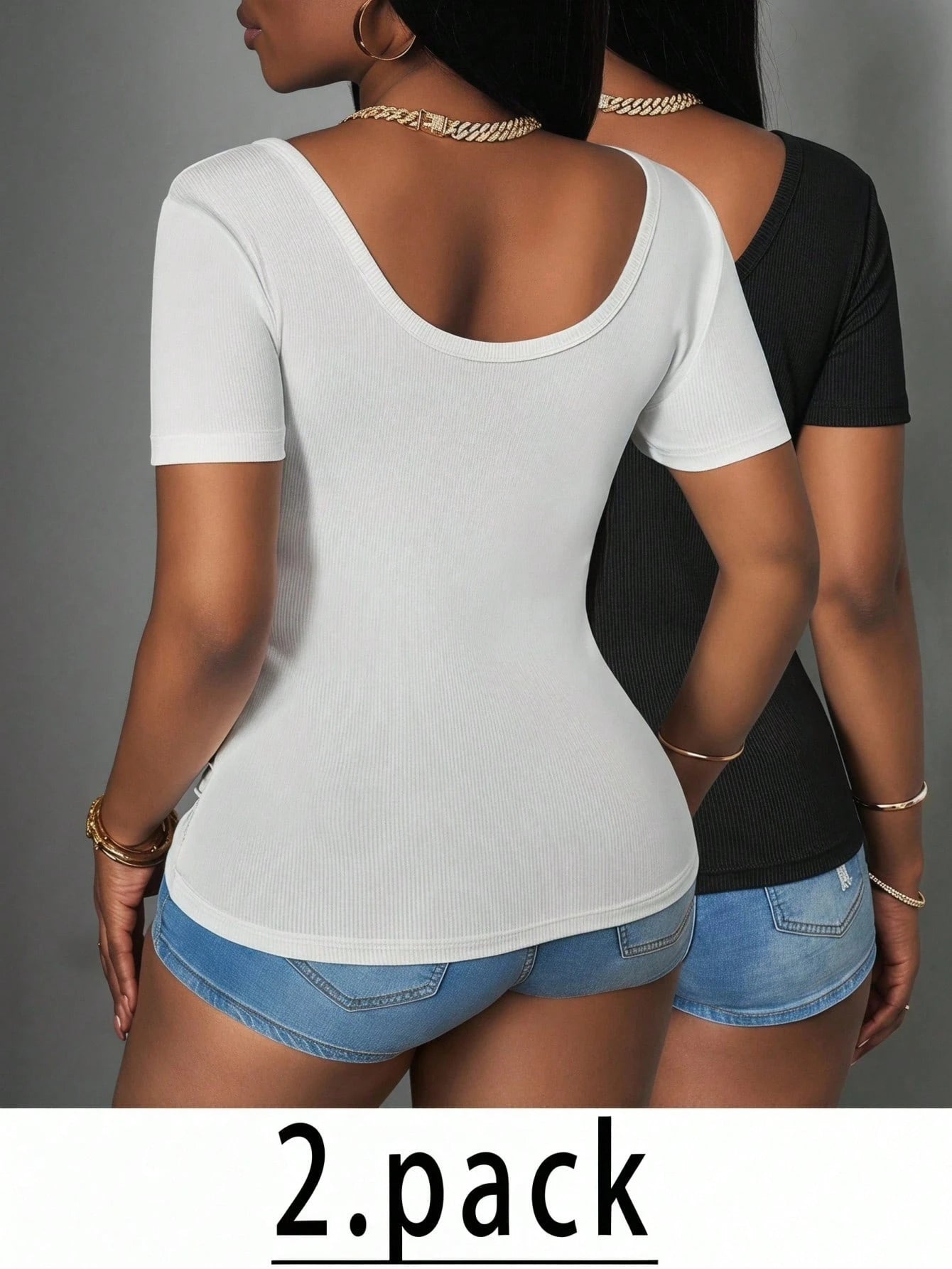Slaydiva Plus Size Women's V-Neck Short Sleeve Multi-Pack T-Shirts 2pcs Concert Lounge Date Night Brunch Club Office Formal Business Casual Black White Summer