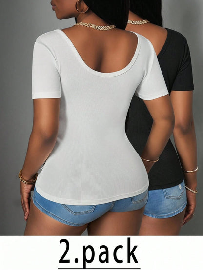 Slaydiva Plus Size Women's V-Neck Short Sleeve Multi-Pack T-Shirts 2pcs Concert Lounge Date Night Brunch Club Office Formal Business Casual Black White Summer