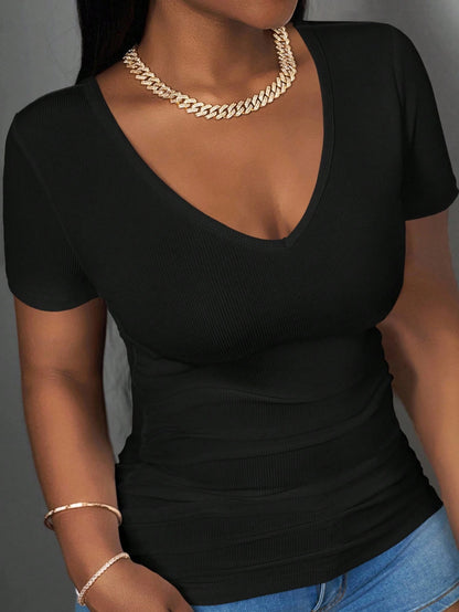 Slaydiva Plus Size Women's V-Neck Short Sleeve Multi-Pack T-Shirts 2pcs Concert Lounge Date Night Brunch Club Office Formal Business Casual Black White Summer