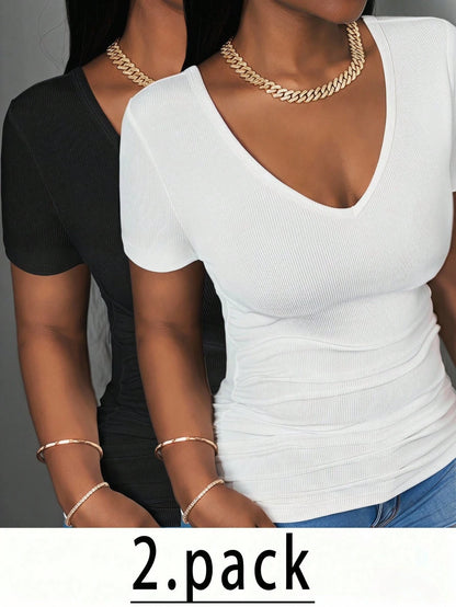Slaydiva Plus Size Women's V-Neck Short Sleeve Multi-Pack T-Shirts 2pcs Concert Lounge Date Night Brunch Club Office Formal Business Casual Black White Summer