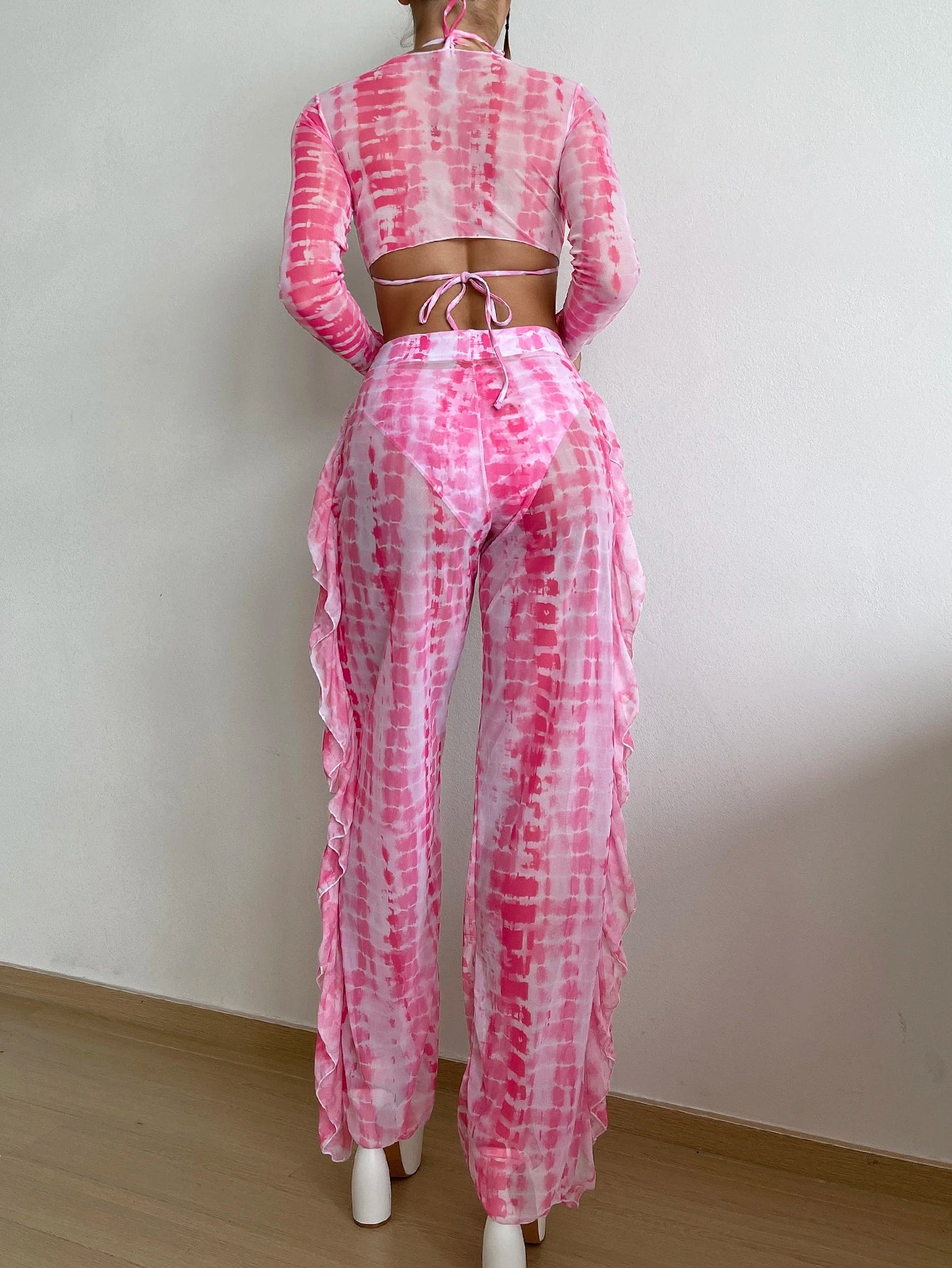 Slaydiva Summer Beach Tie Dye Bikini Set Tie Back Halter Triangle Bra & Bikini Bottom & Cover Up Top & Ruffle Trim Pants 4 Piece Bathing Suit