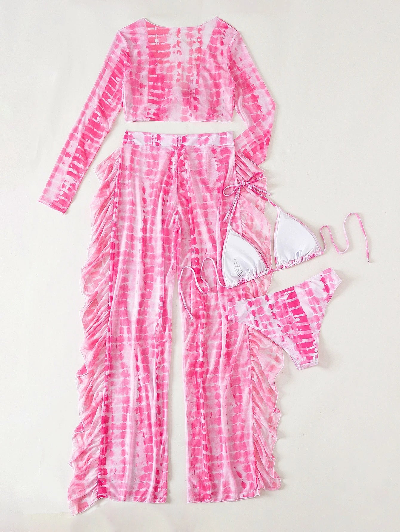 Slaydiva Summer Beach Tie Dye Bikini Set Tie Back Halter Triangle Bra & Bikini Bottom & Cover Up Top & Ruffle Trim Pants 4 Piece Bathing Suit