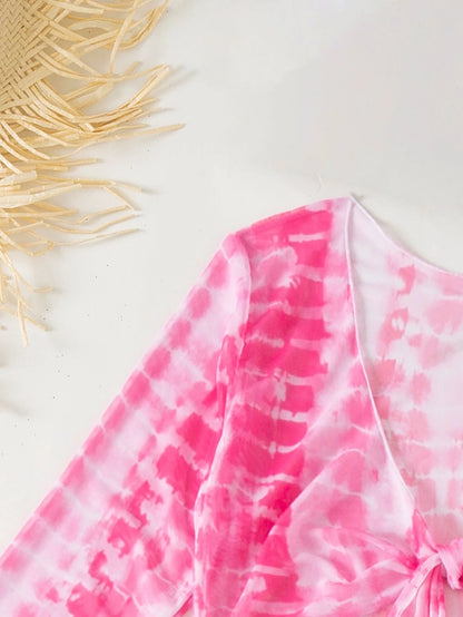 Slaydiva Summer Beach Tie Dye Bikini Set Tie Back Halter Triangle Bra & Bikini Bottom & Cover Up Top & Ruffle Trim Pants 4 Piece Bathing Suit