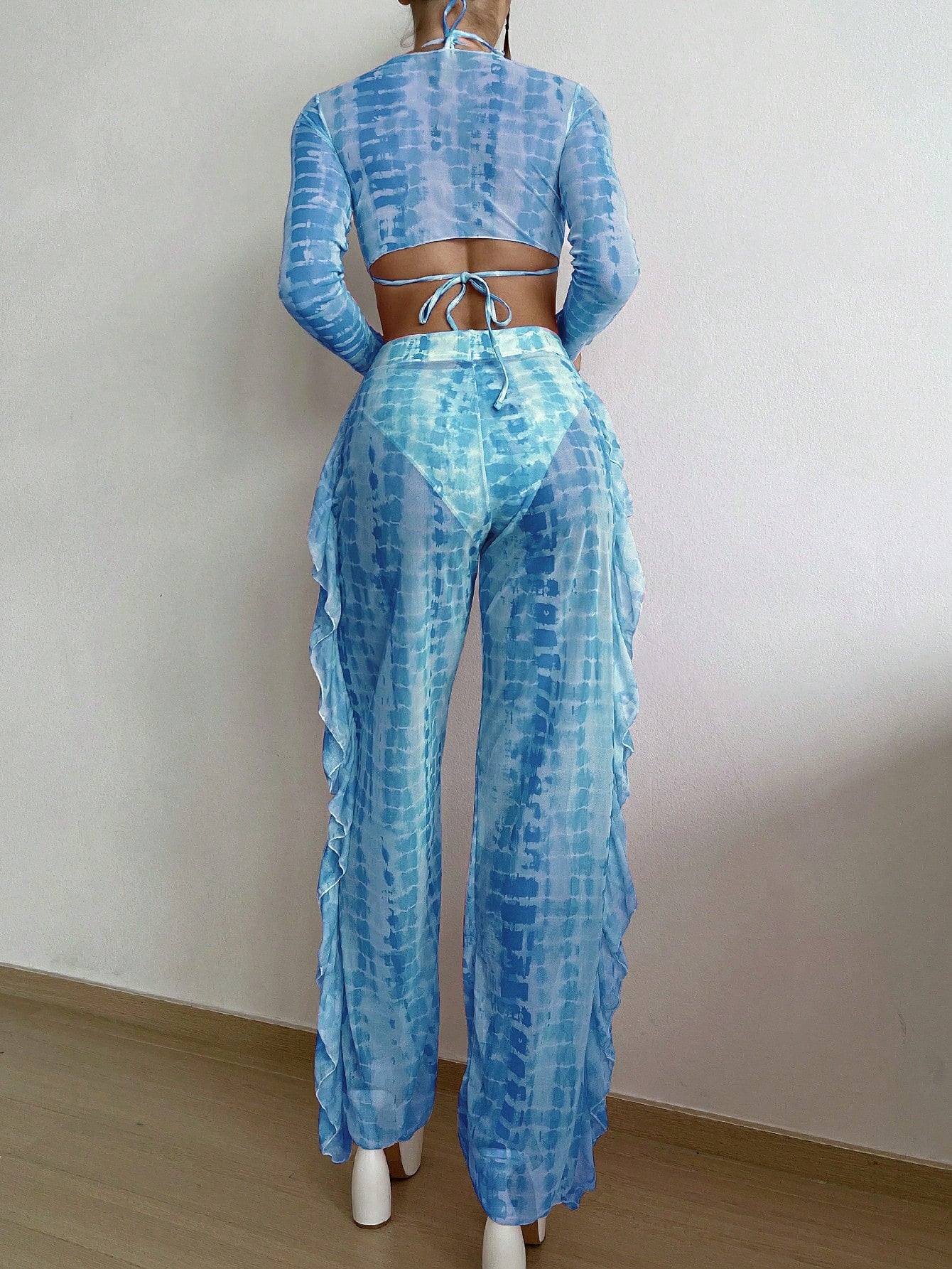 Slaydiva Summer Beach Tie Dye Bikini Set Tie Back Halter Triangle Bra & Bikini Bottom & Cover Up Top & Ruffle Trim Pants 4 Piece Bathing Suit