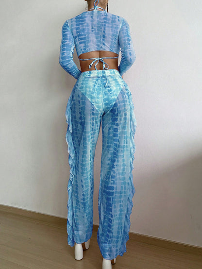 Slaydiva Summer Beach Tie Dye Bikini Set Tie Back Halter Triangle Bra & Bikini Bottom & Cover Up Top & Ruffle Trim Pants 4 Piece Bathing Suit