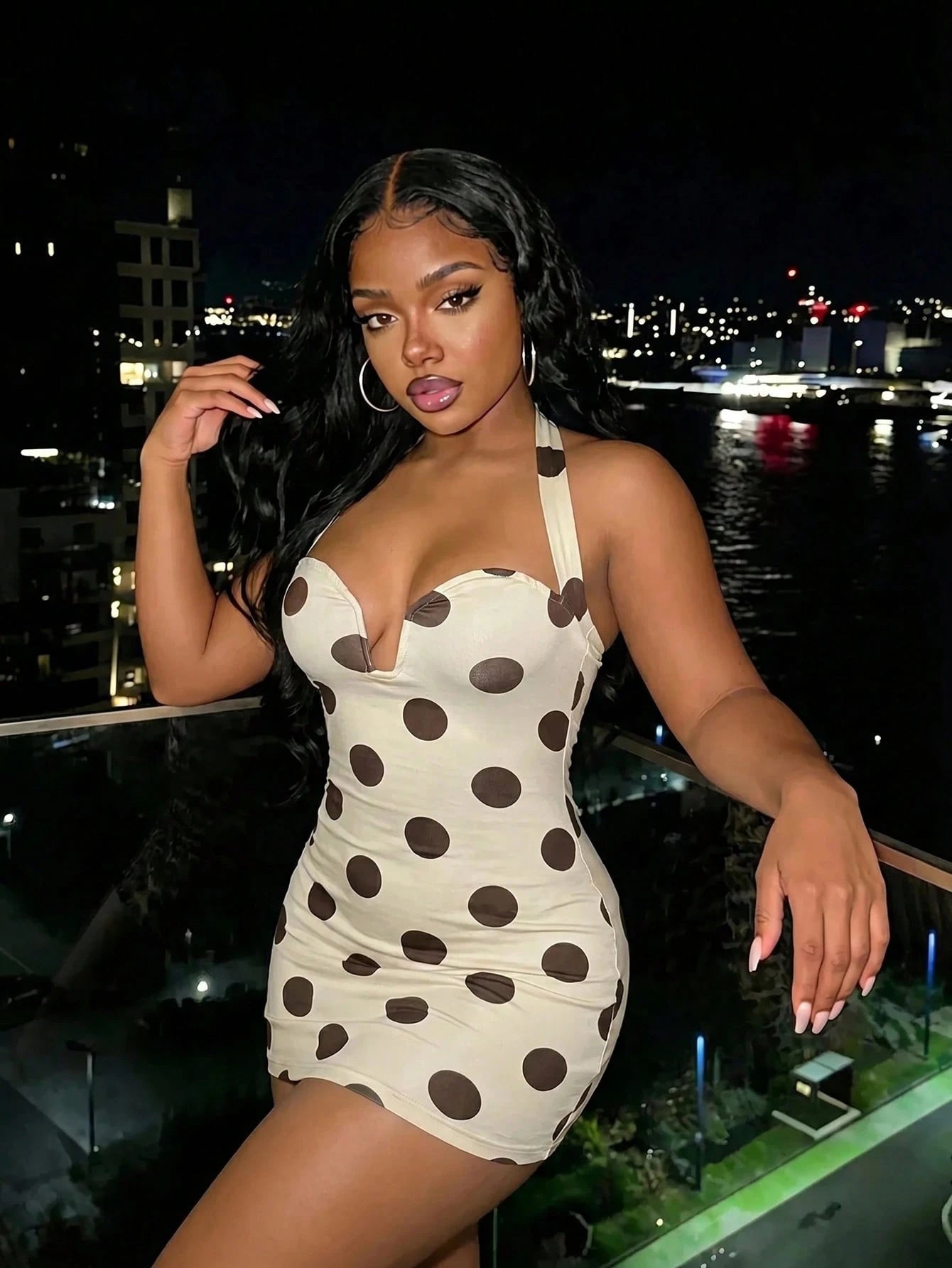Slaydiva Summer Elegant 70s Retro Sexy Slim Fit Brown And White Polka Dot Backless Mini Dress, Suitable For Valentine's Day Women's Wear, Party Night Out, Club
