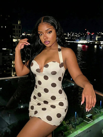 Slaydiva Summer Elegant 70s Retro Sexy Slim Fit Brown And White Polka Dot Backless Mini Dress, Suitable For Valentine's Day Women's Wear, Party Night Out, Club